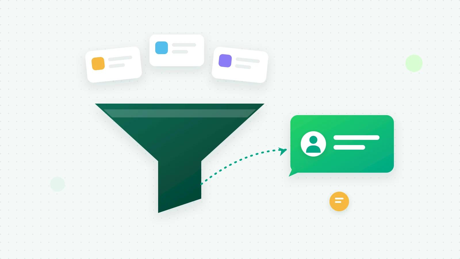 An illustration of three lead cards falling into a green funnel that leads to a chat bubble with a person in it