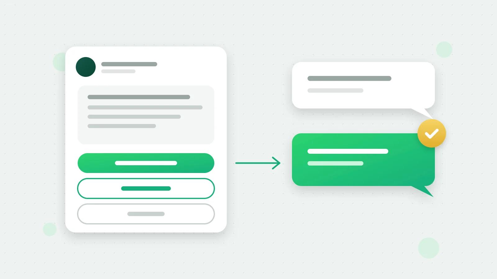 An illustration of a sponsored message card with three reply buttons, the top one green, joined by an arrow to a white chat bubble and a green chat bubble with a gold tick