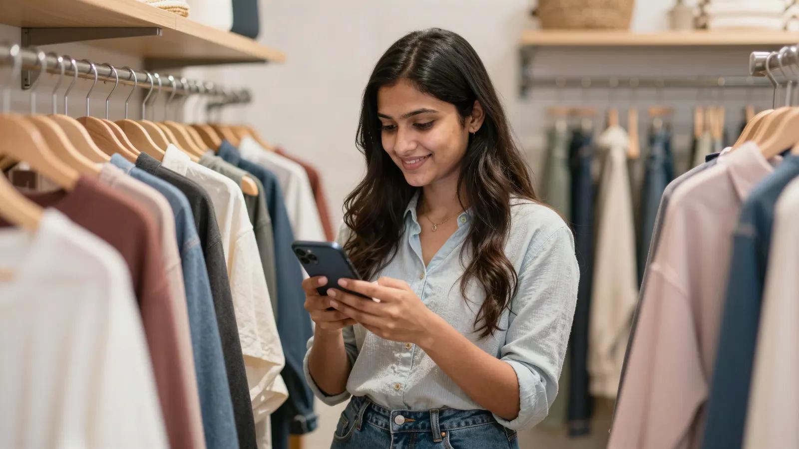 A young woman among the clothing rails of her boutique, smiling as she replies on her phone