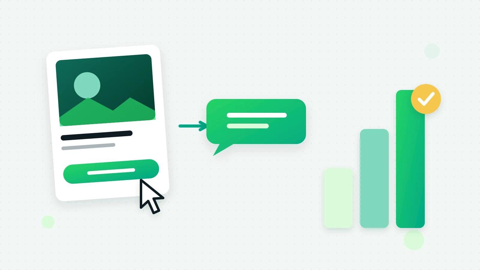 An illustration of an ad card being tapped, an arrow to a green chat bubble, and three rising bars with a round yellow tick on the tallest