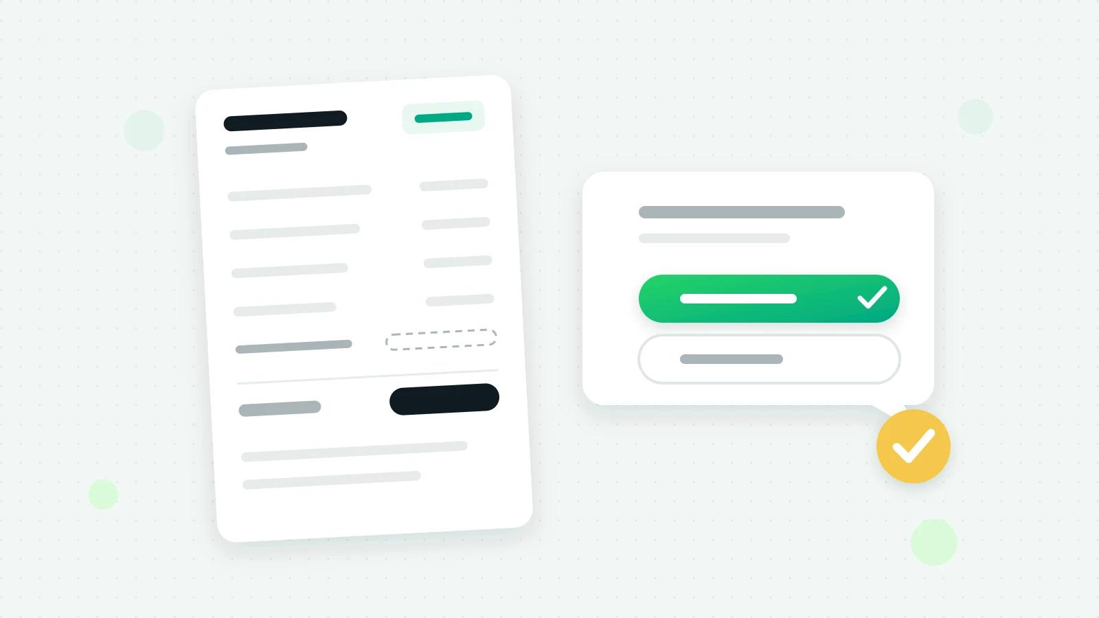 An illustration of a quotation sheet with item lines, a dashed optional line and a total, beside a chat bubble with two buttons, one green and ticked