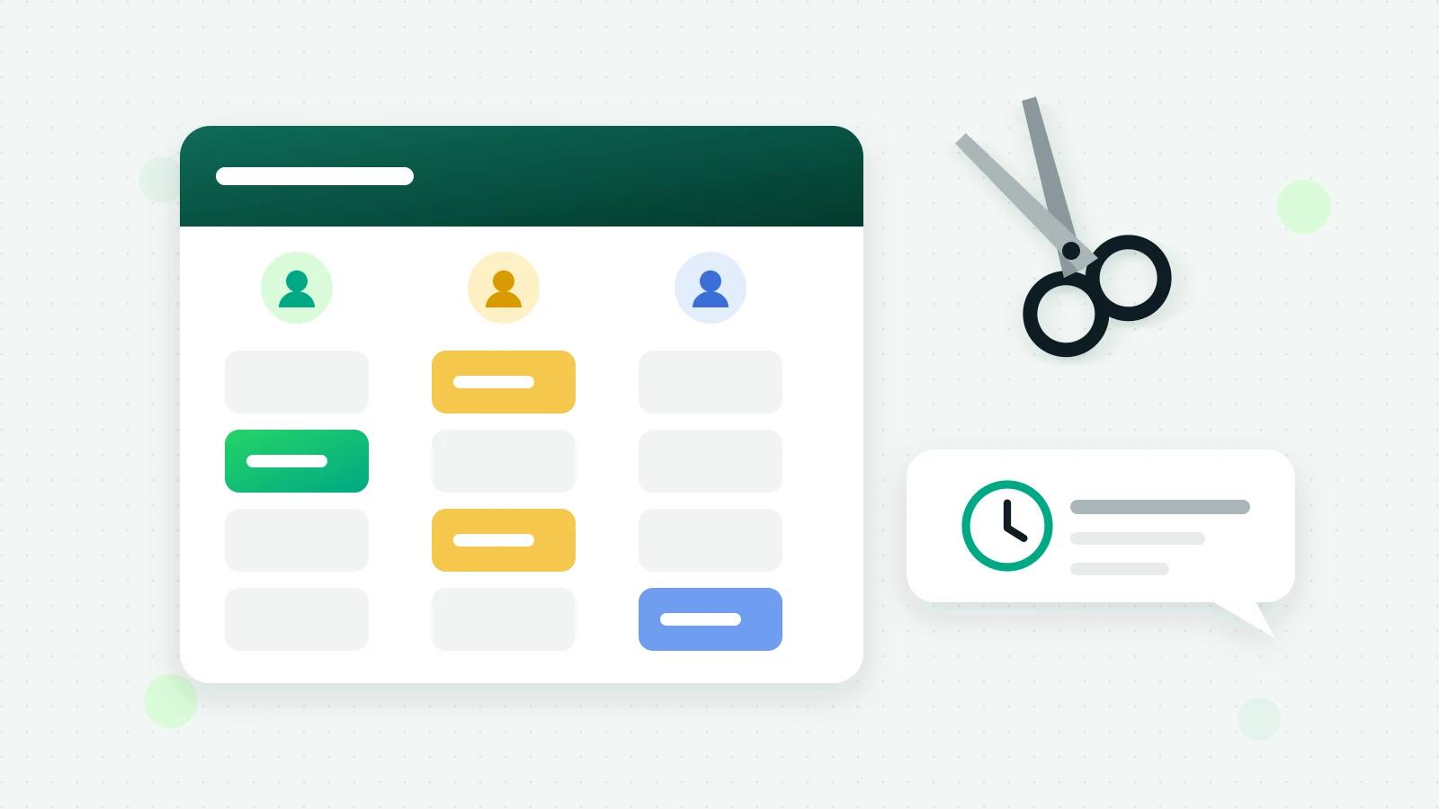 An illustration of a booking calendar with three columns, one per stylist, a pair of scissors and a chat bubble with a clock