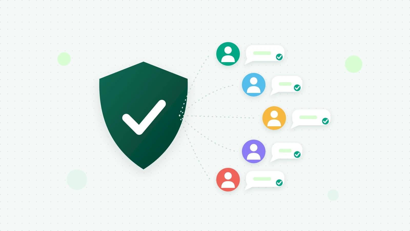 An illustration of a green shield with a tick, sending chat bubbles to five people, each message marked as delivered