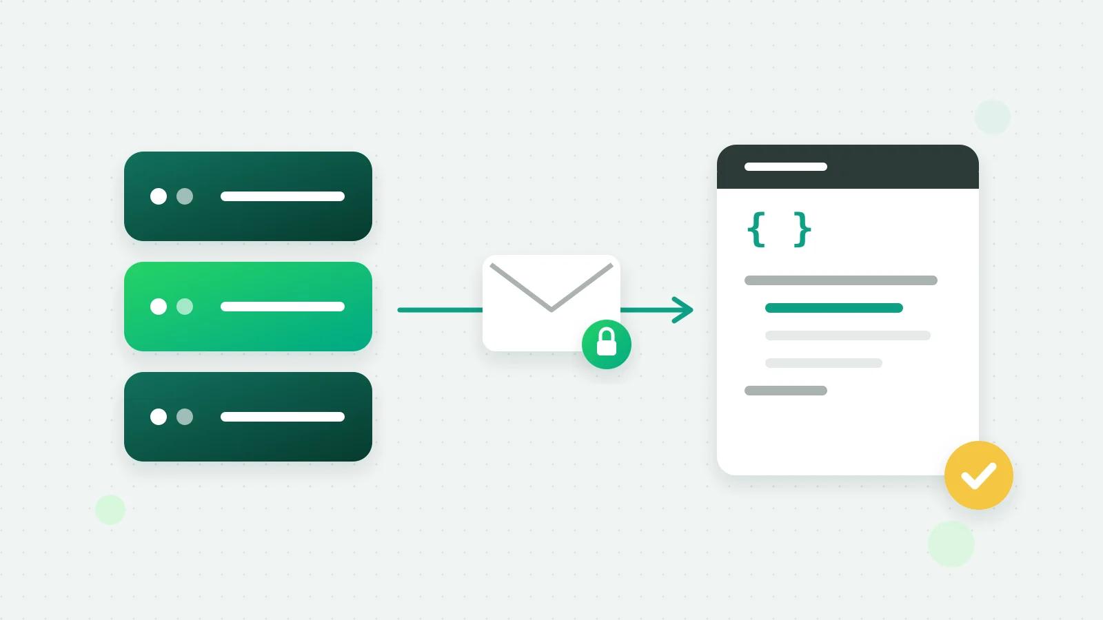 An illustration of three server blocks sending a sealed envelope with a padlock along an arrow to a code window with a round yellow tick