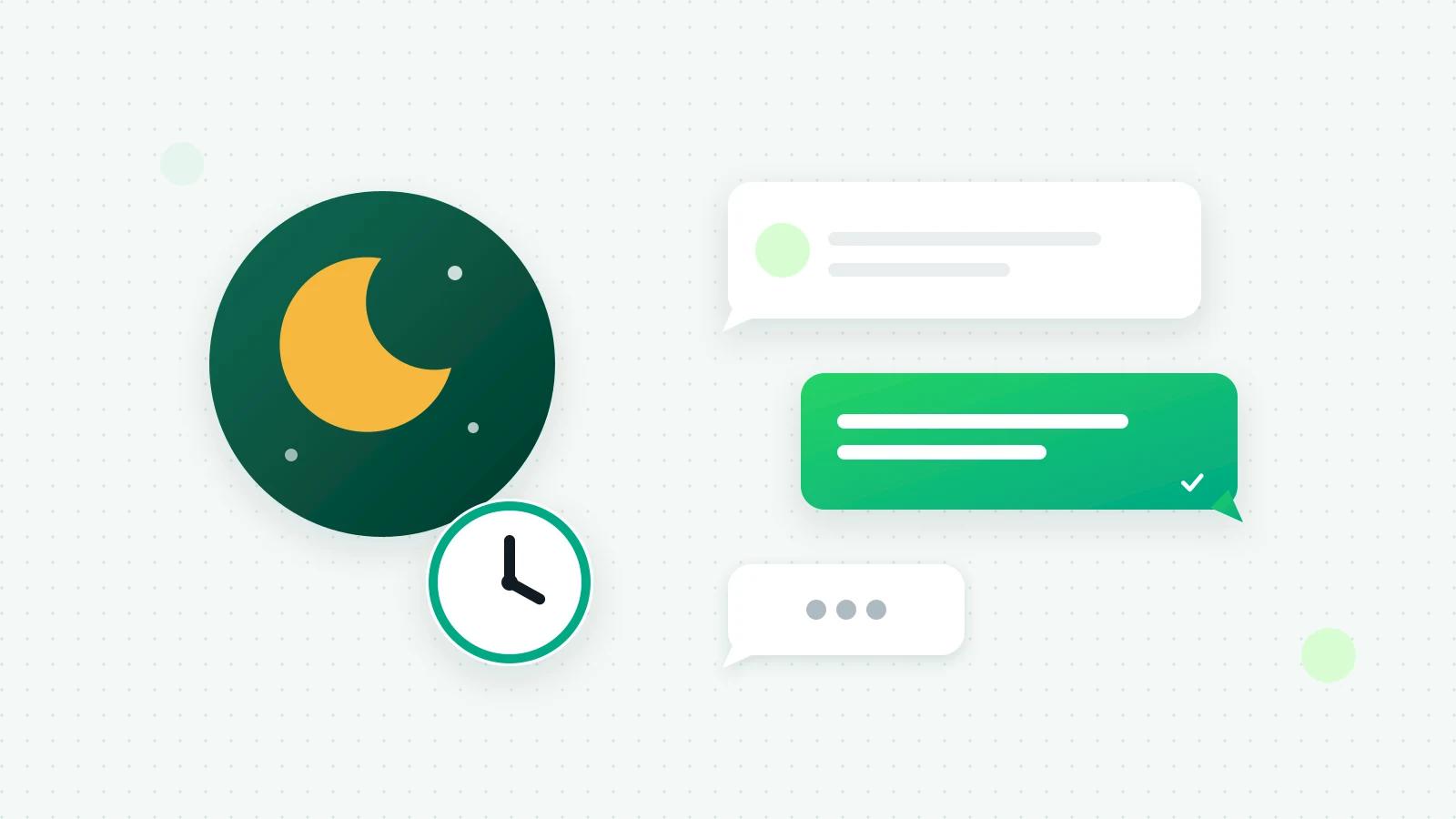 An illustration of a crescent moon and a clock beside a greeting bubble, an away reply marked as sent, and a typing bubble