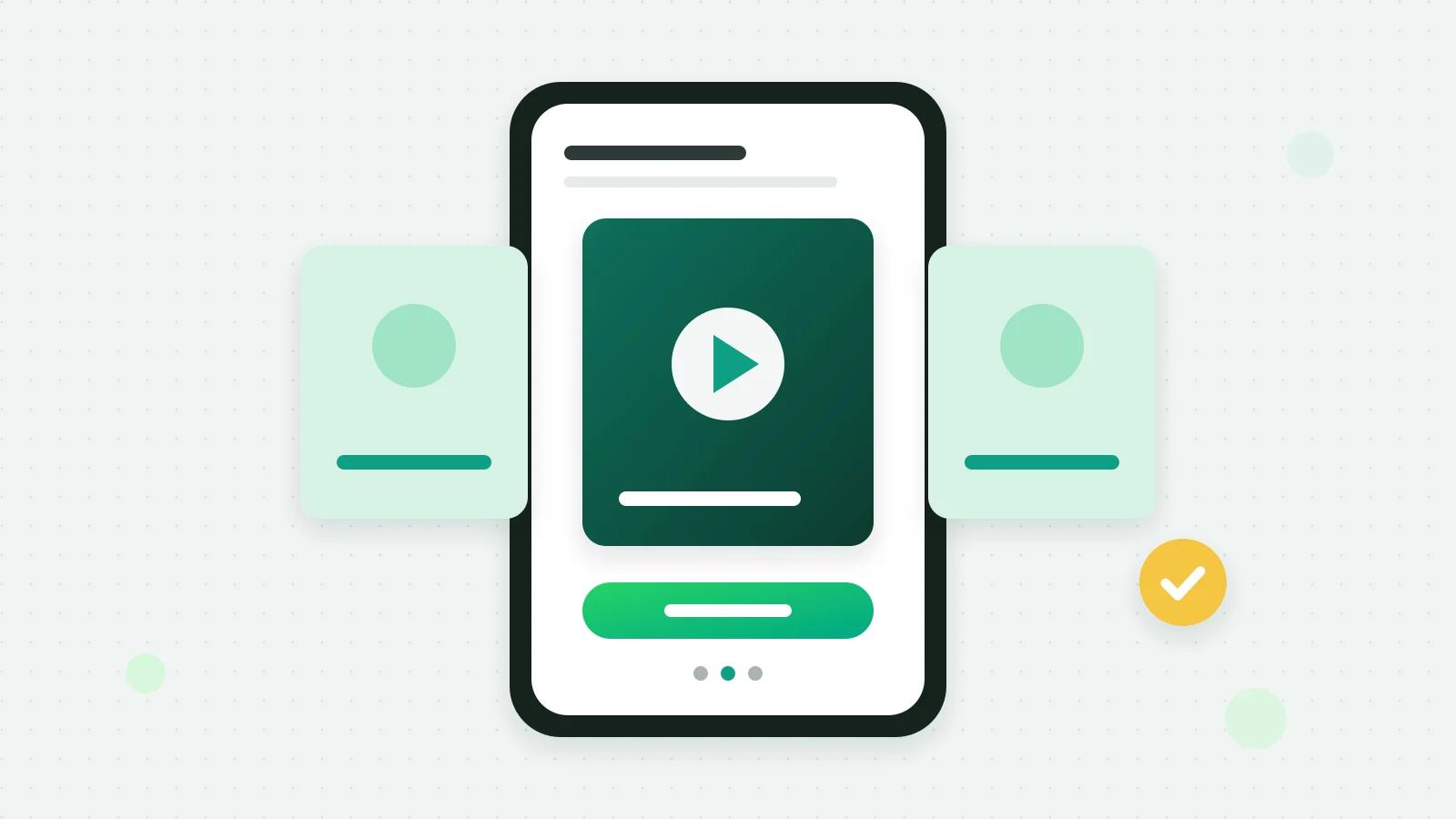An illustration of a phone showing a video card with a play button between two carousel cards, a green button and swipe dots