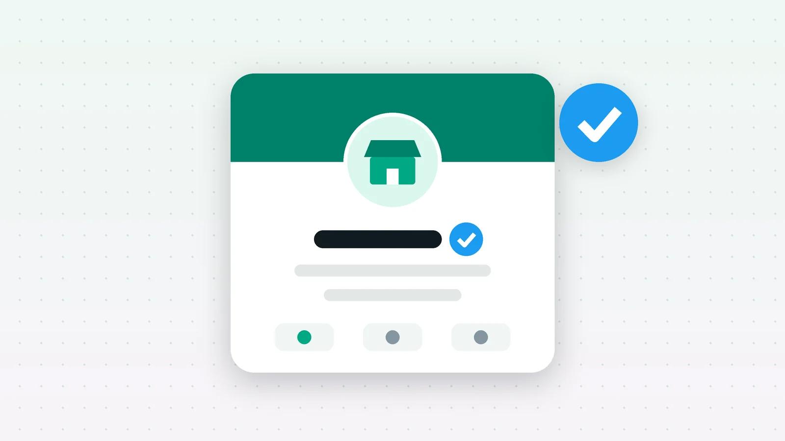 An illustration of a WhatsApp business profile card with a round checkmark badge beside the business name