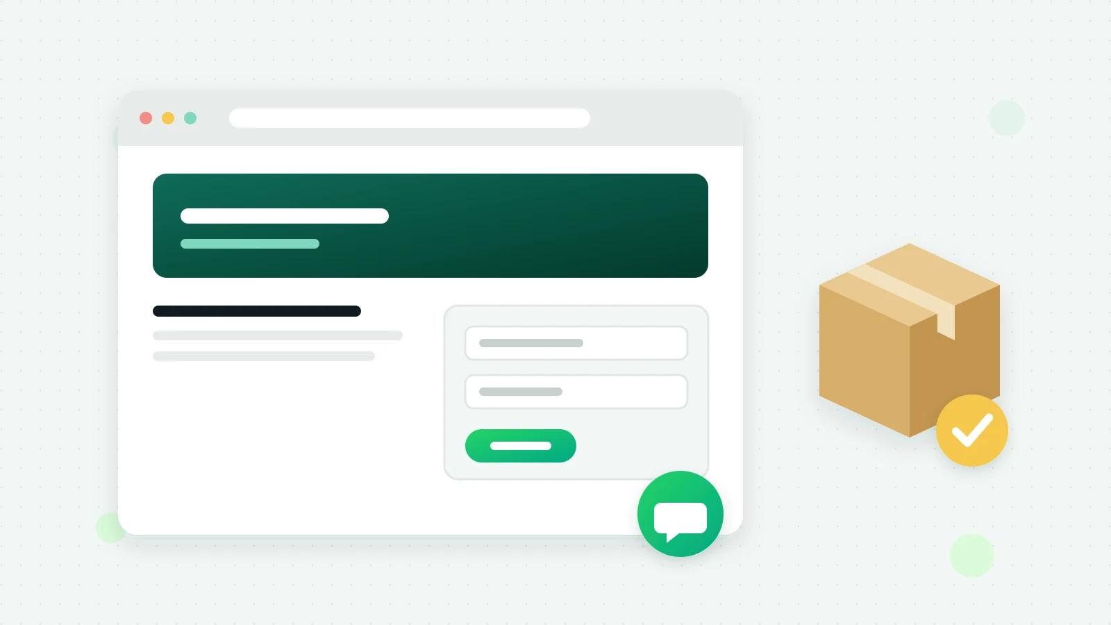 An illustration of a browser window with a form and a round green chat button in its corner, beside a cardboard parcel with a round yellow tick