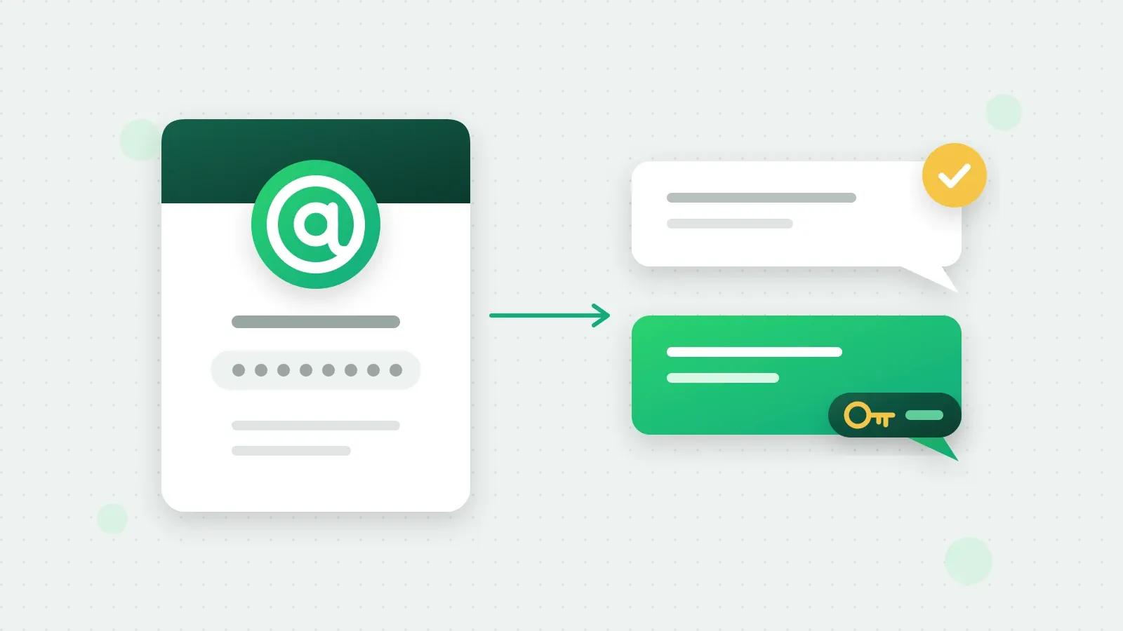 An illustration of a contact card with a large @ sign where the phone number would be, joined by an arrow to two chat bubbles, the green one carrying a small key tag