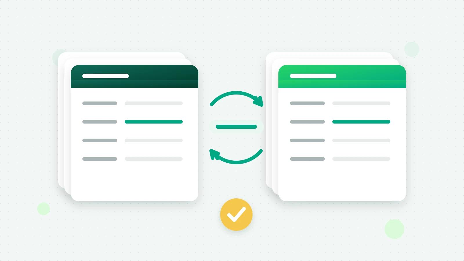 An illustration of two stacks of record cards, one dark and one green, with circular arrows between them over a matched line, and a round yellow tick