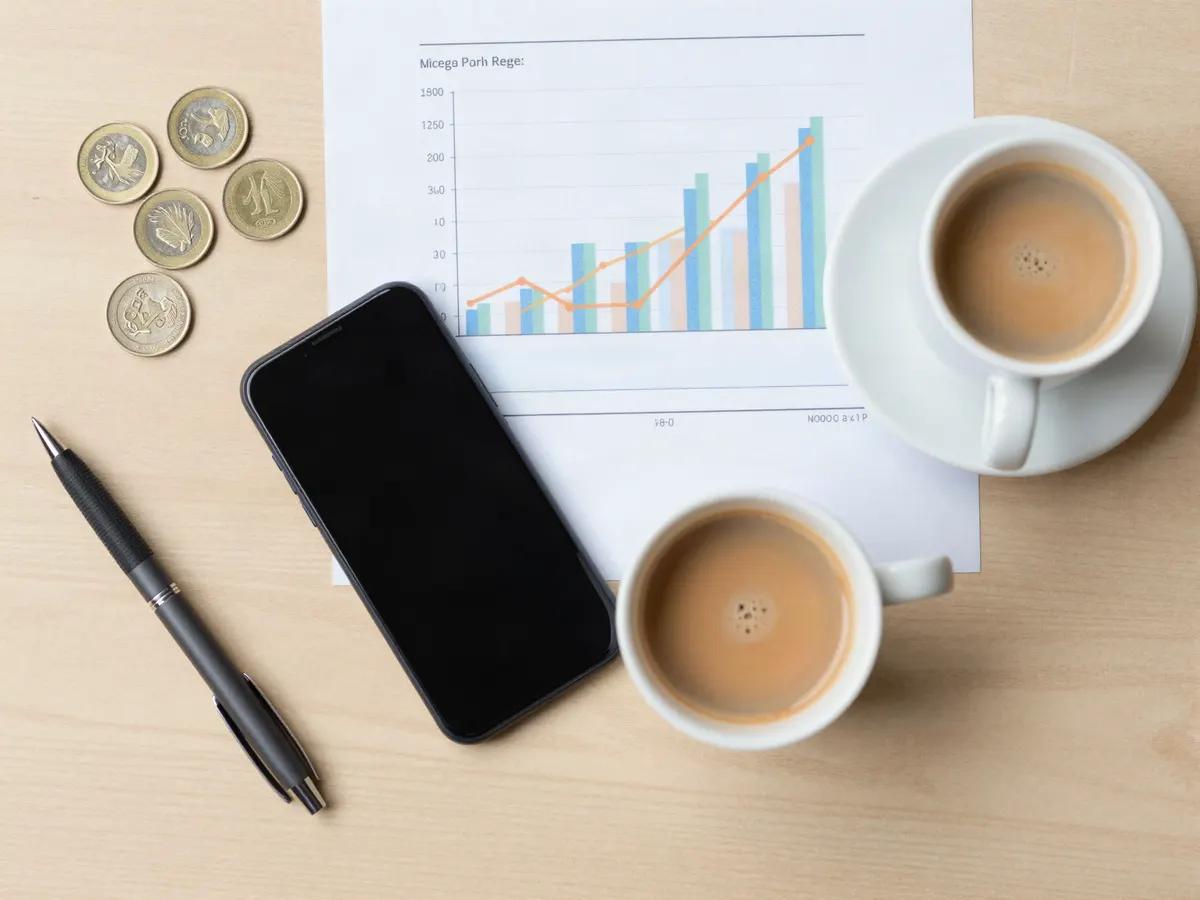 Illustration: a printed report on a desk beside rupee coins, a phone and two cups of chai