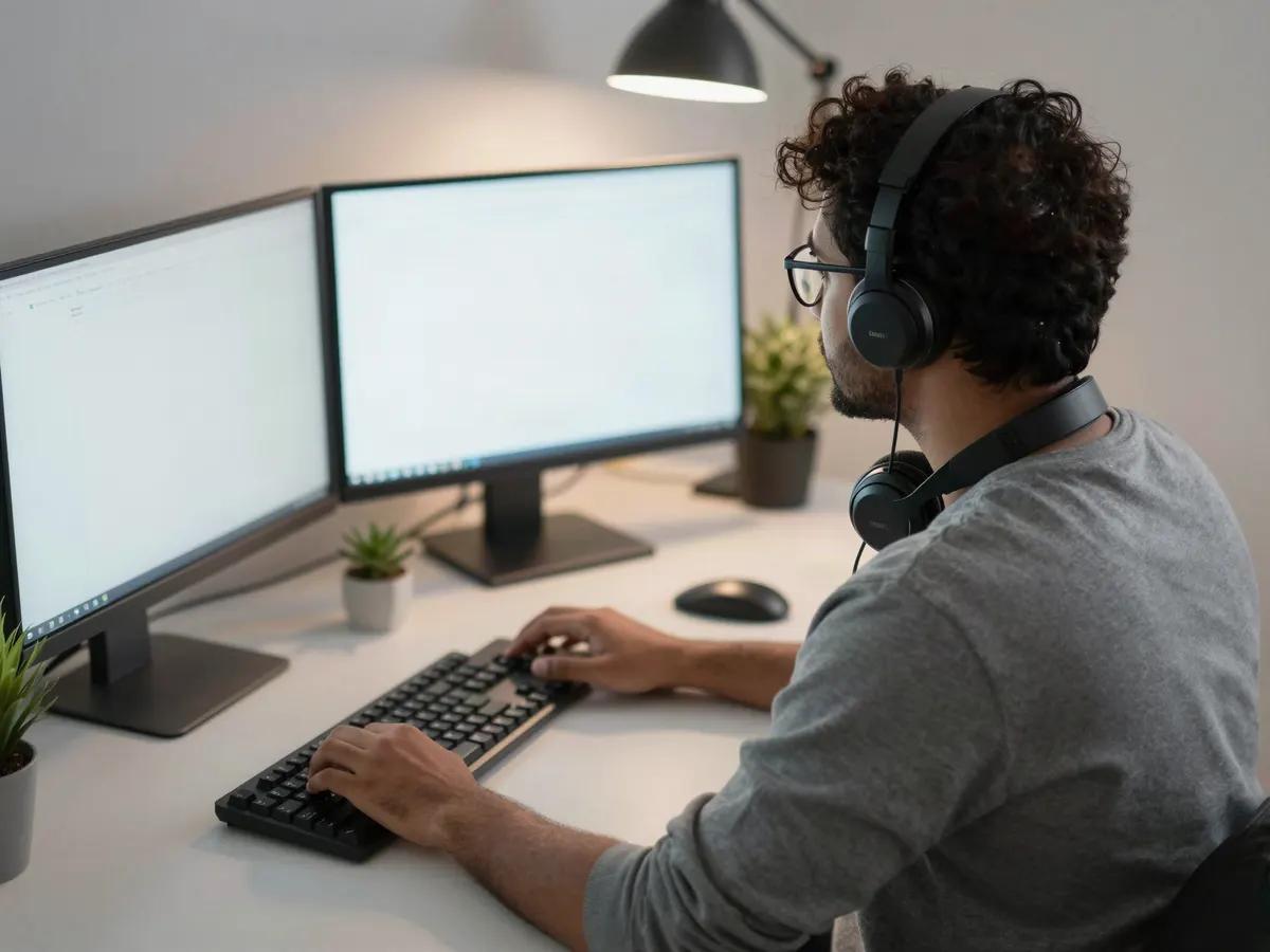 Illustration: a developer at a desk with two monitors