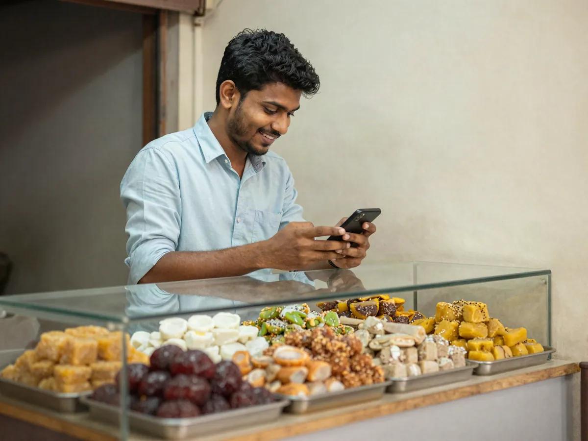 Illustration: a sweet-shop owner behind his counter, typing a message on his phone