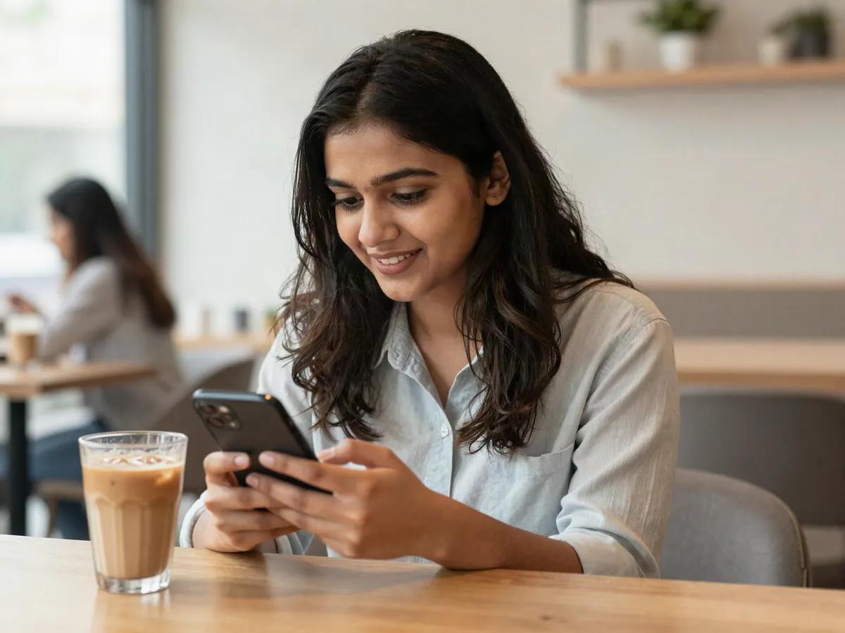Illustration: a woman at a café table, smiling at her phone