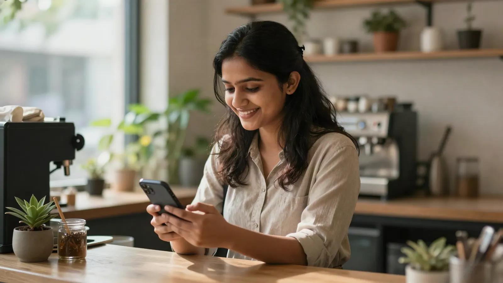 Illustration: a café owner behind her counter, smiling at a message on her phone