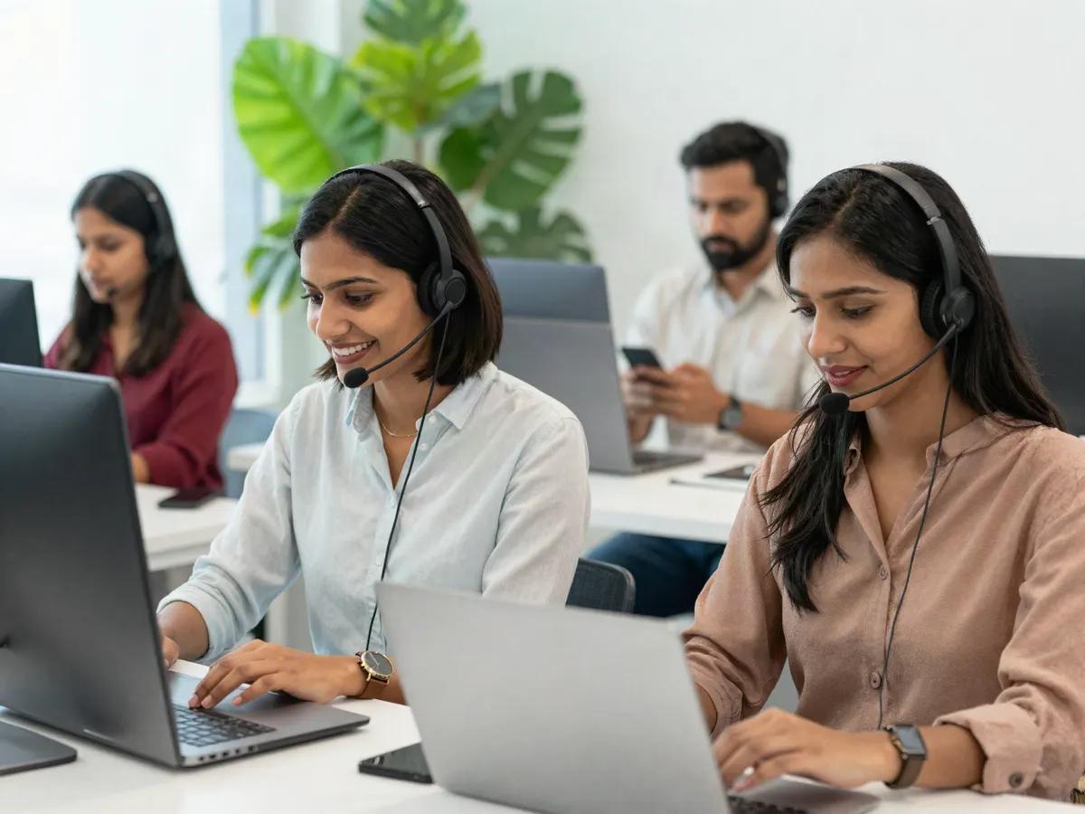 Illustration: a small team answering customers at their laptops