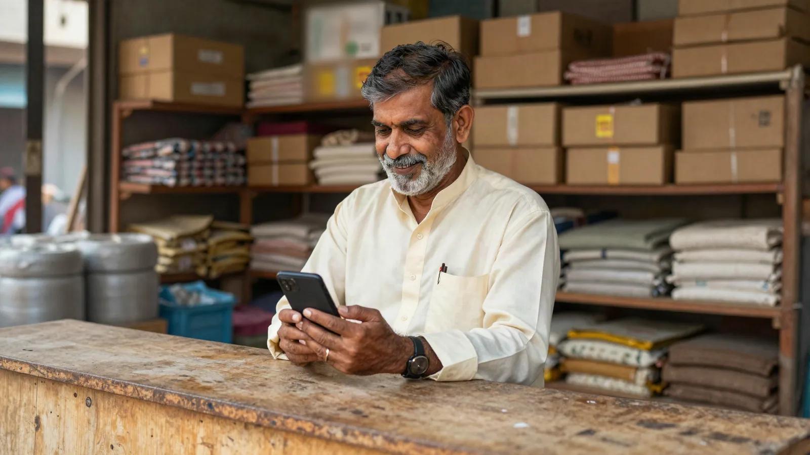Illustration: a wholesale trader at his shop counter, reading an enquiry on his phone