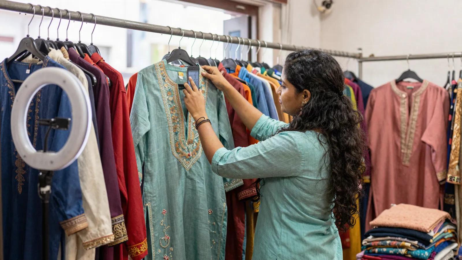 Illustration: a boutique owner photographing an embroidered kurta with her phone