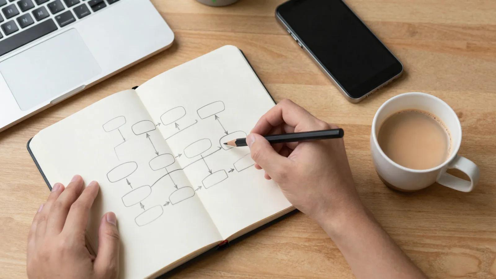Illustration: a hand sketching a flowchart of boxes and arrows in a notebook beside a laptop