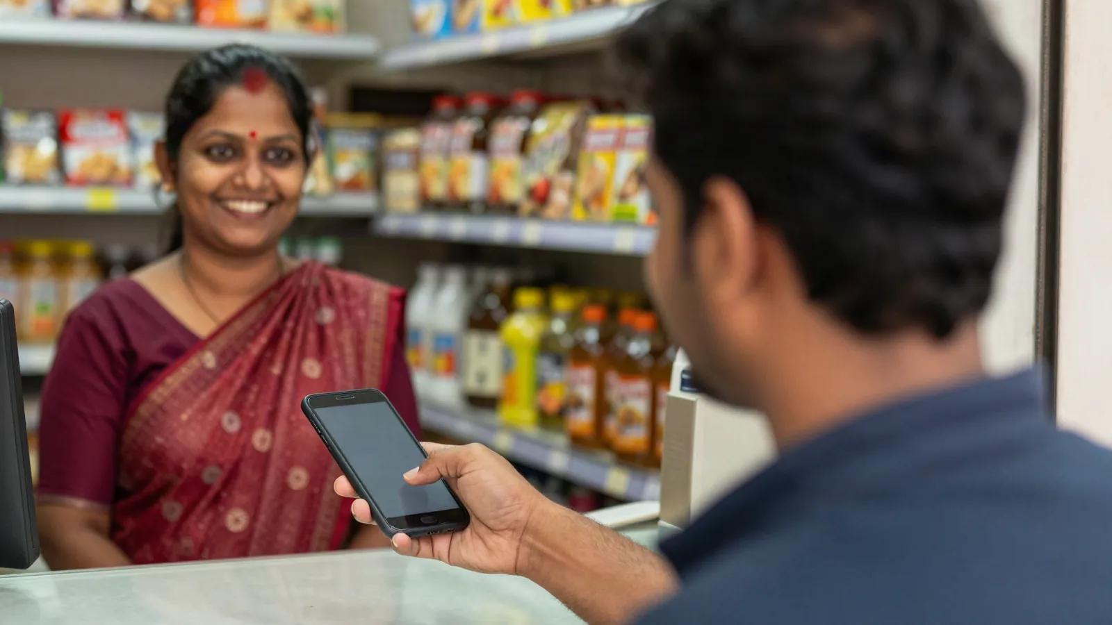 Illustration: a customer paying from his phone at the counter of a grocery store