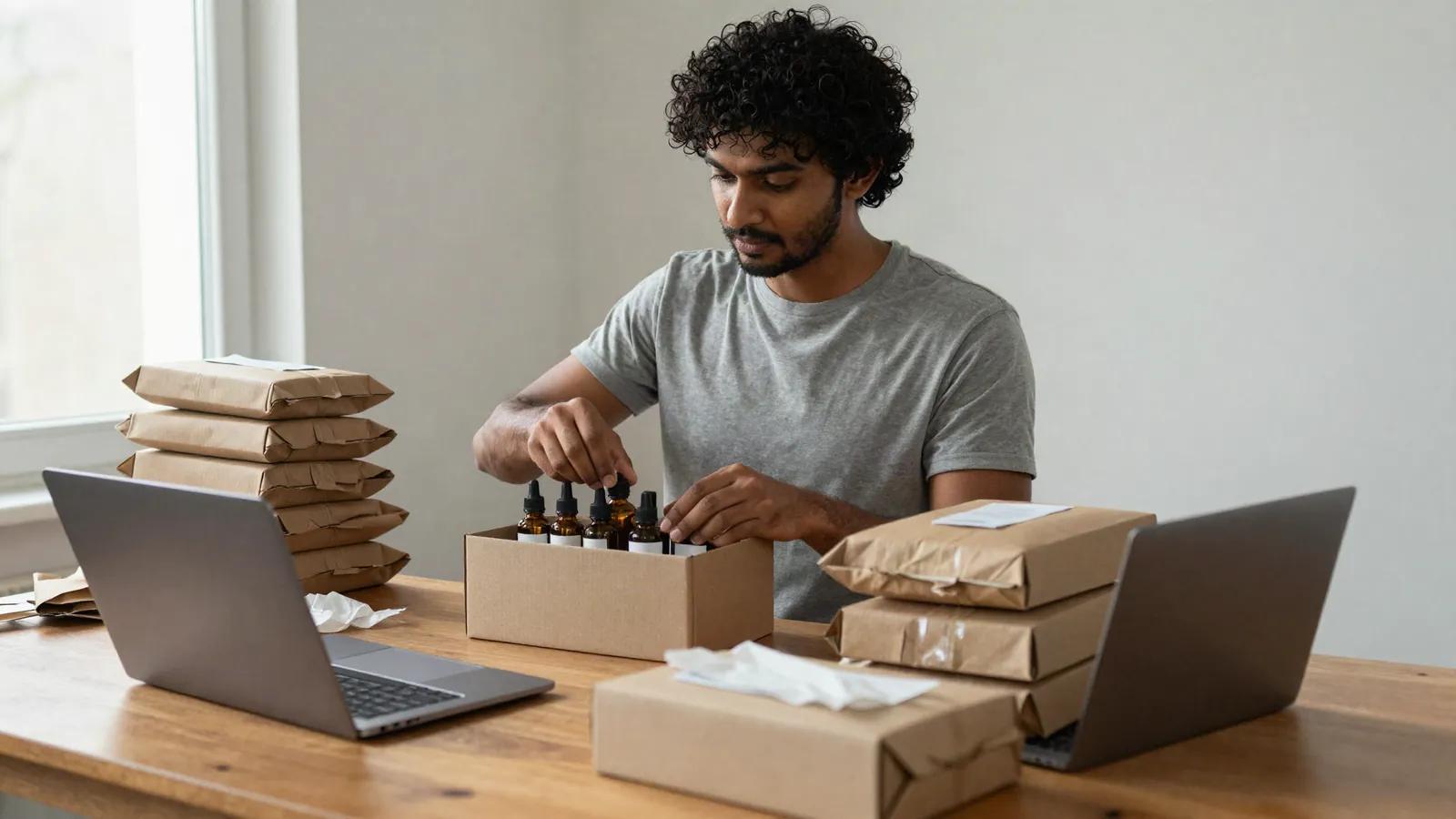 Illustration: a skincare seller packing bottles into parcels at his workspace