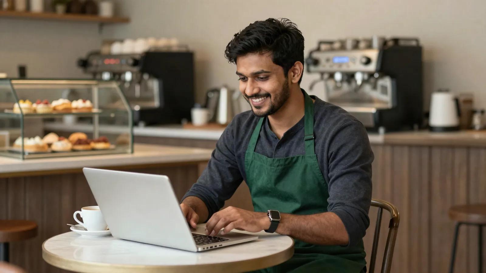 Illustration: a café owner at a table in his café, working on a laptop