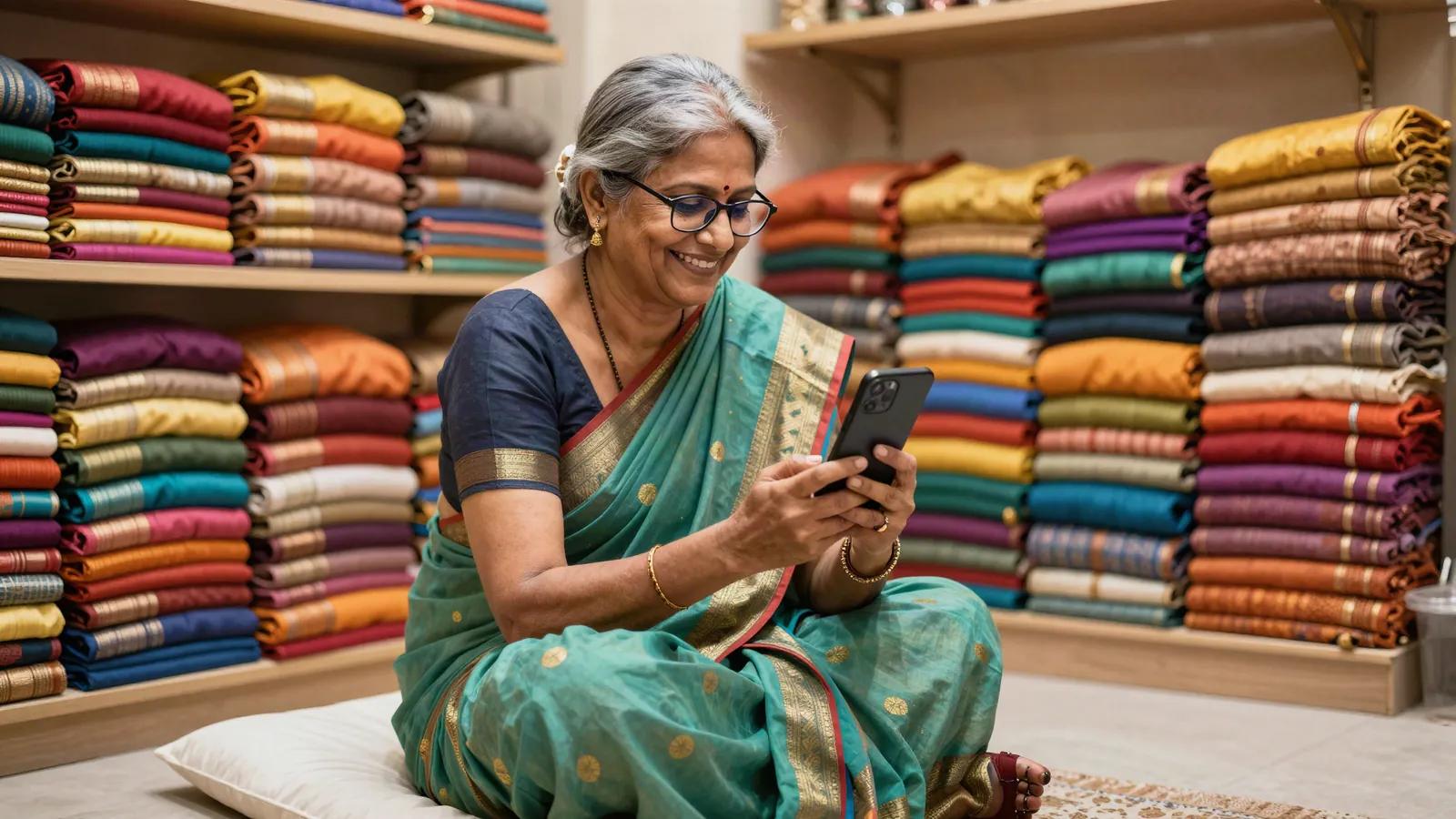 Illustration: a saree shop owner among folded silk sarees, checking her phone