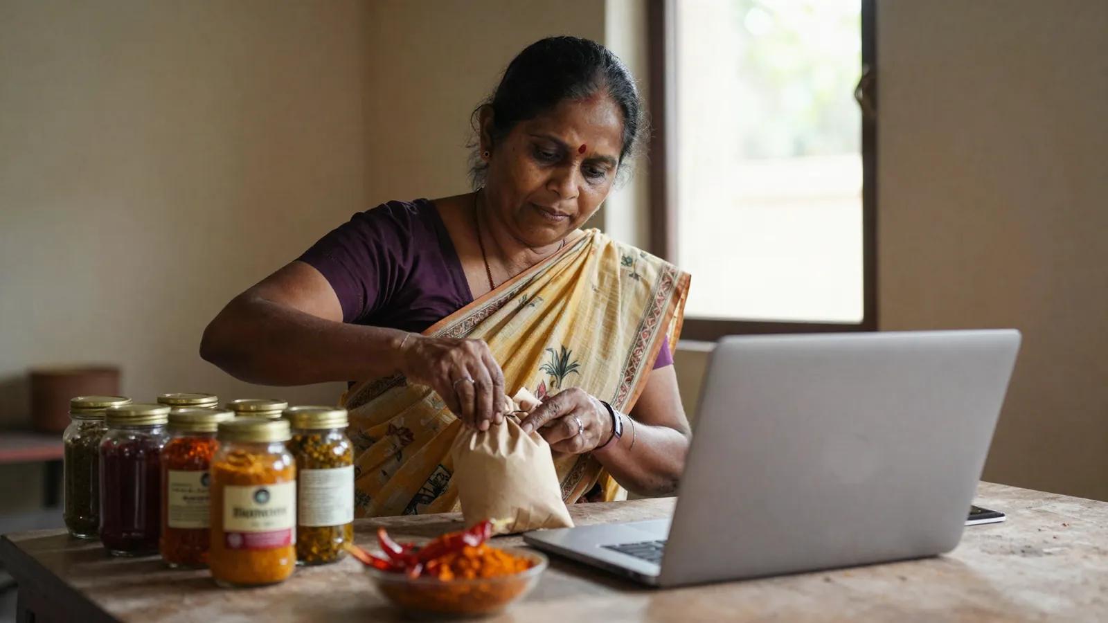 Illustration: a home-business owner packing jars of pickle into parcels beside her laptop