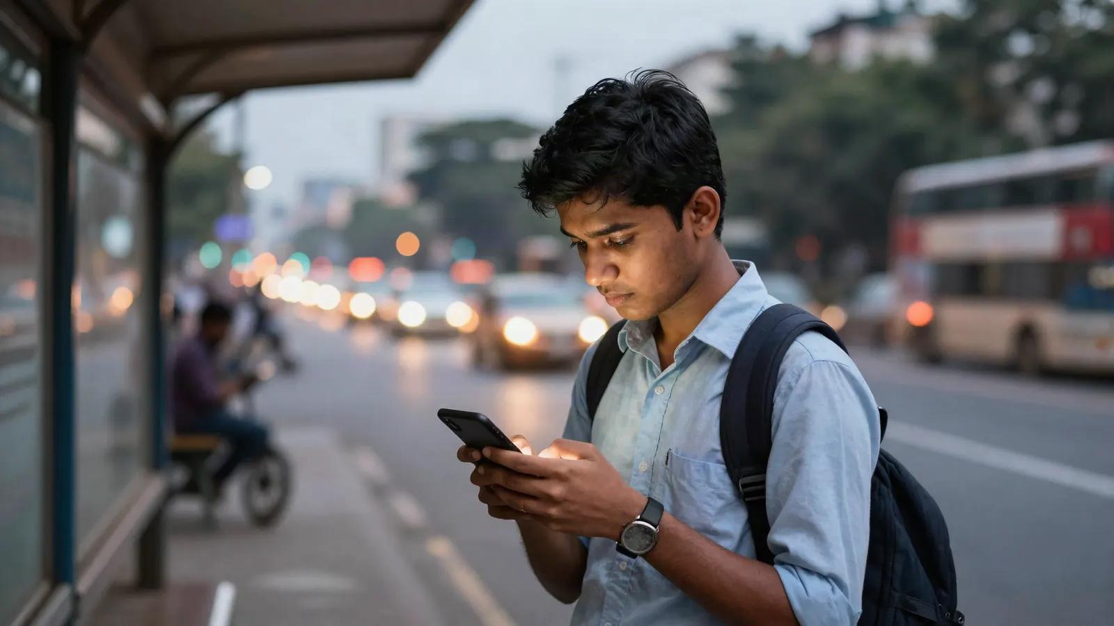 A student at a bus stop tapping an ad on his phone