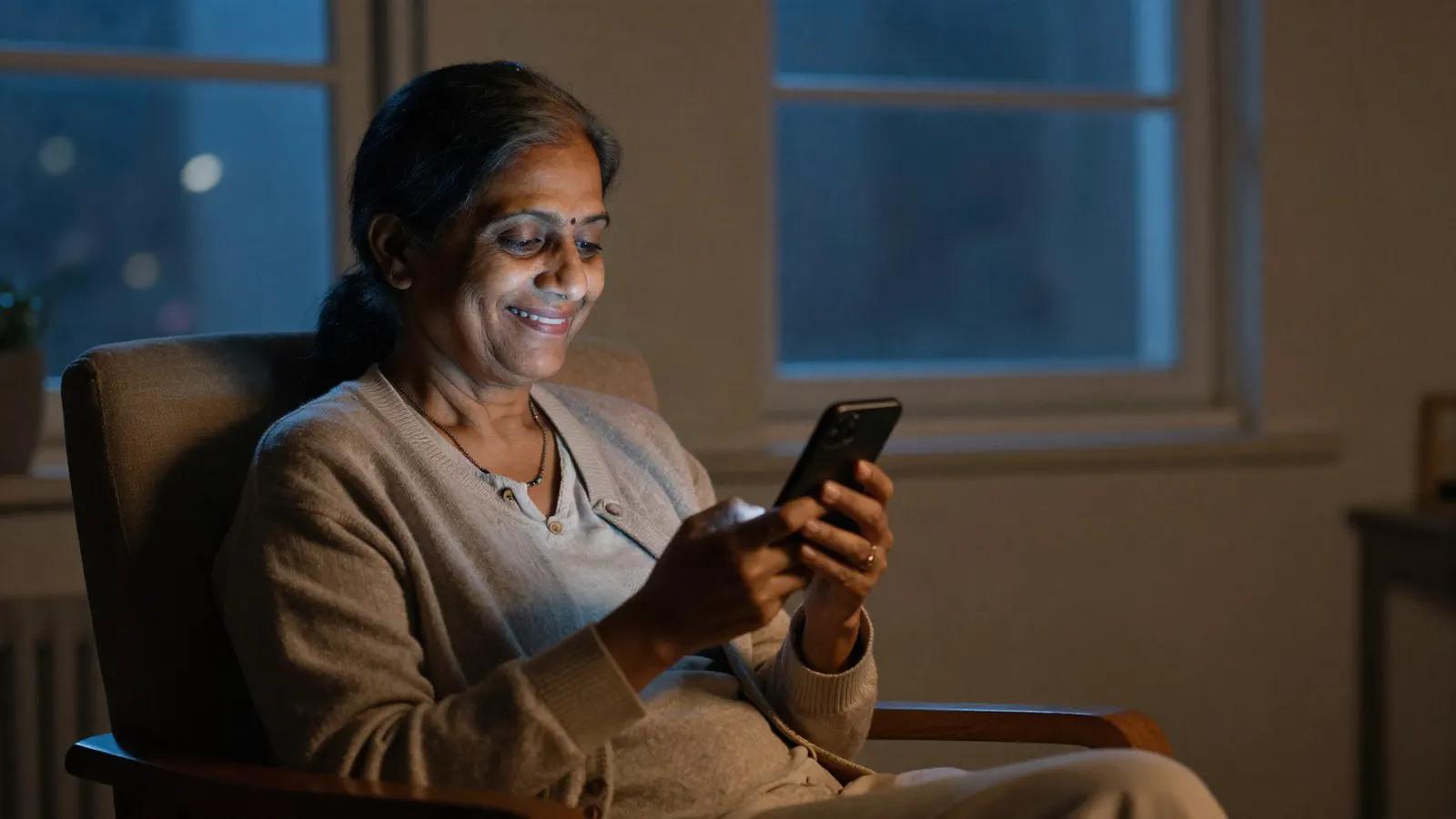A grandmother at home at night, reading a WhatsApp reply on her phone