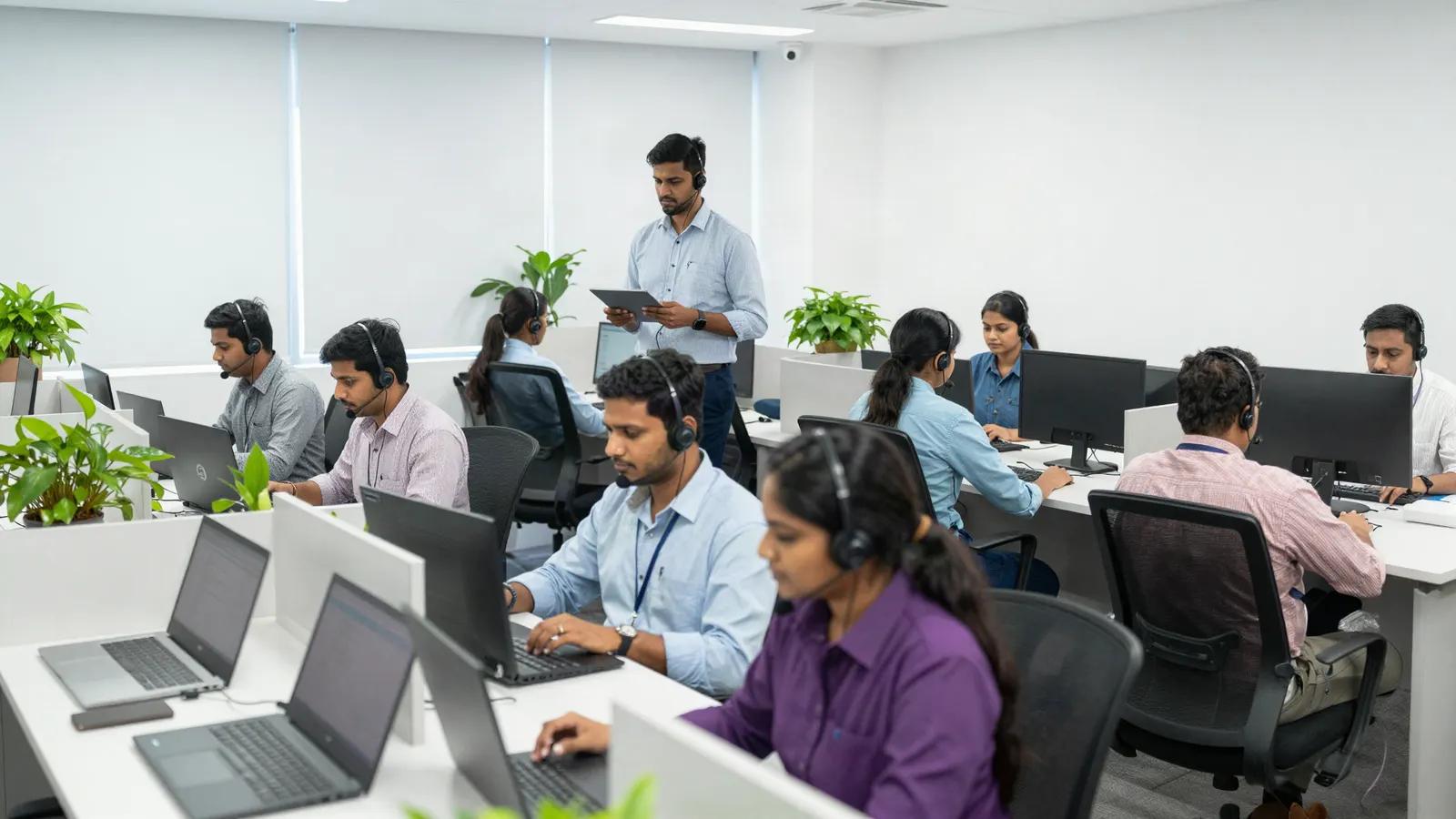 A customer support floor, agents in headsets answering chats at their desks